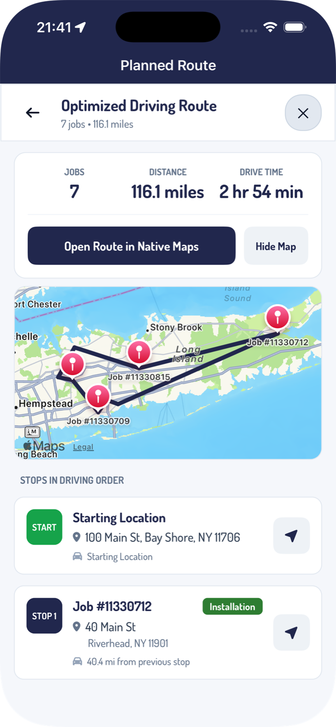 Installer's planned route in the mobile app